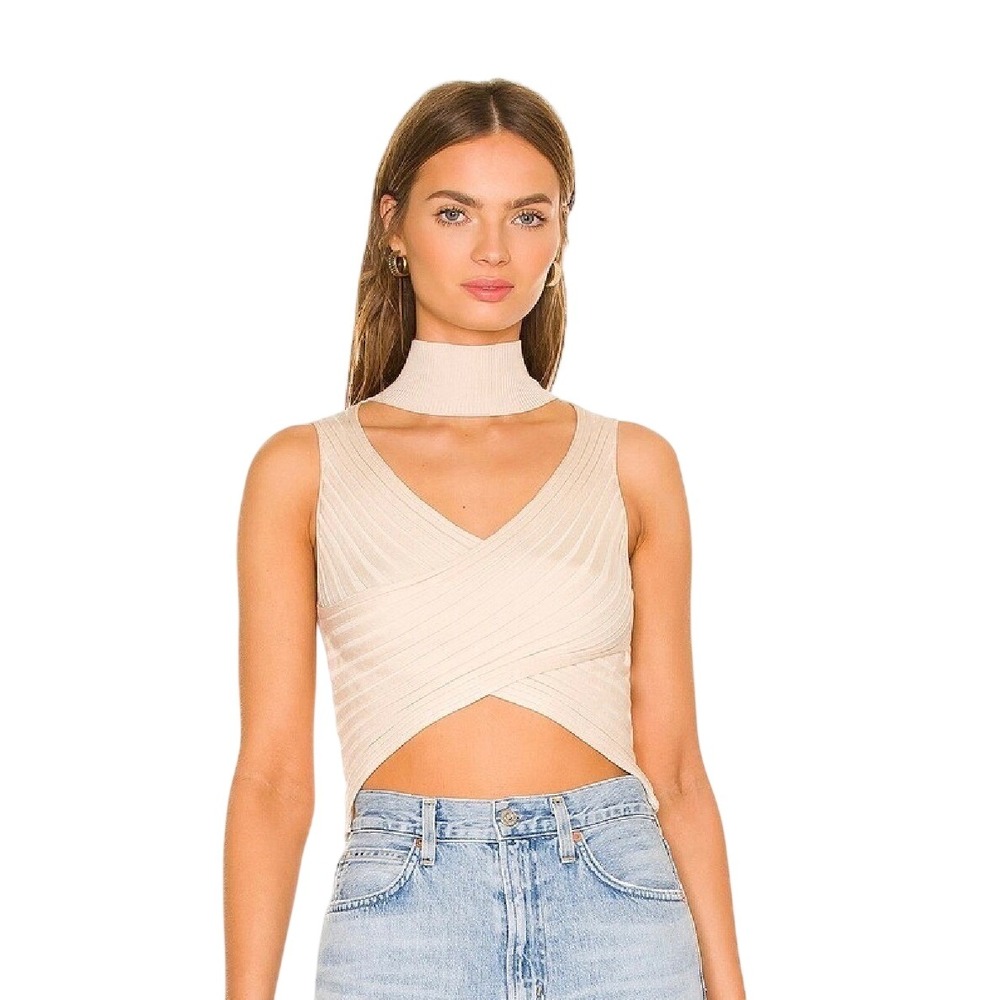 Revolve Superdown Alora Wrap Top Beige Rib Knit Mock Neck Choker Cutout XS